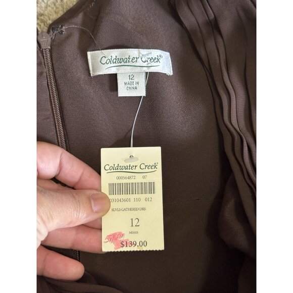 NWT COLDWATER CREEK Dress Brown Pleated Chiffon 3/4 Sleeve V Neck Y2k Fairy 12 - Picture 8 of 10